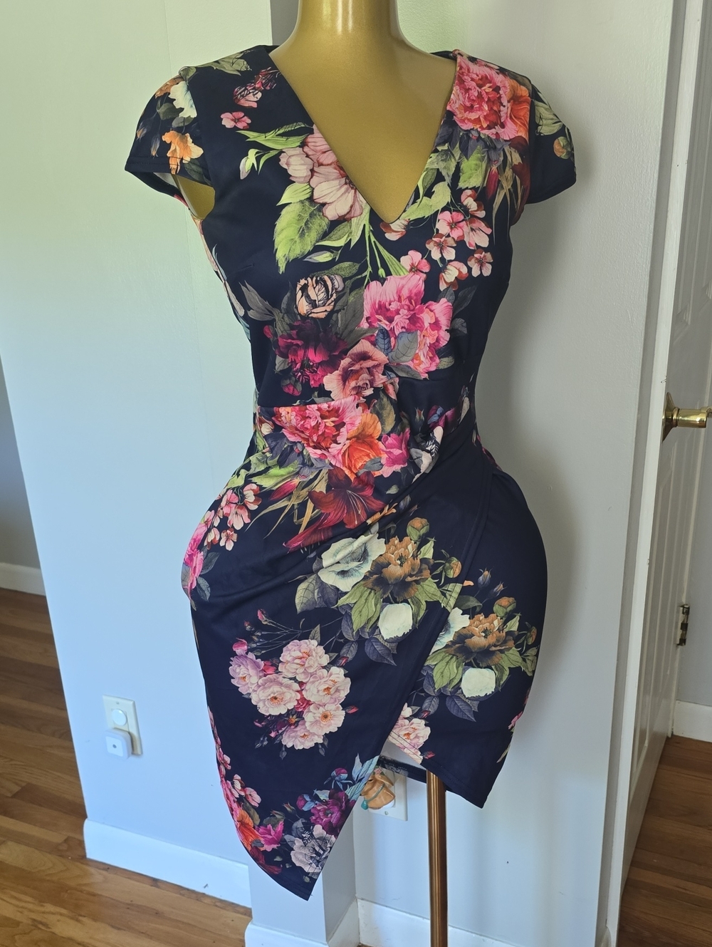 Floral V-Neck Wrap Sheath Dress - Navy with Pink Floral